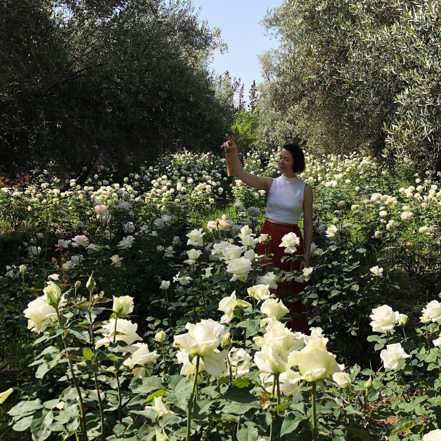 Kiko plays a koshi chime in a field of roses.